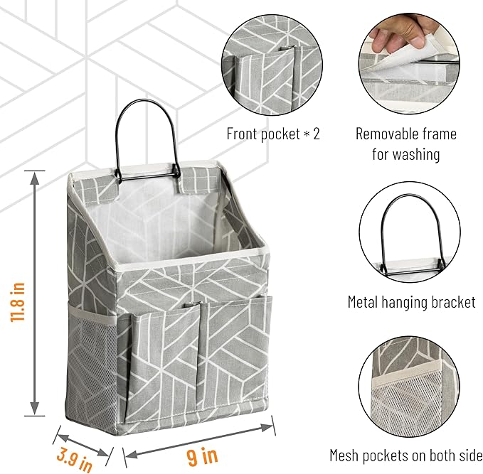 2pcs Wall Hanging Storage Bag, Small Door Closet Linen Fabric Pockets Organizer, Waterproof Multi Functional for Living Room Bedroom Bathroom Kitchen RV Camper with Hooks Pattern Grey-NeatNest