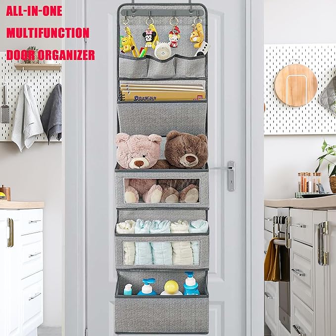 VICTORICH All-IN-ONE Over the Door Organizer, Super Behind the Door Storage Organizer with Door Rack and Large Clear Windows, Wall File Organizer, Hanging Organizer (New Herringbone Gray)