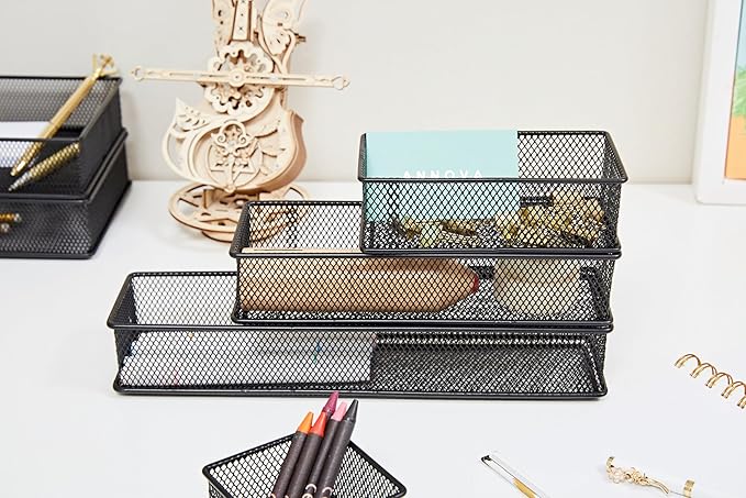 Annova Mesh Drawer Cabinet and Shelf Organizer Bins Storage Basket School Office Supply Holder Tray- Set of 2 (Black, 3x6x2 Inch)-NeatNest