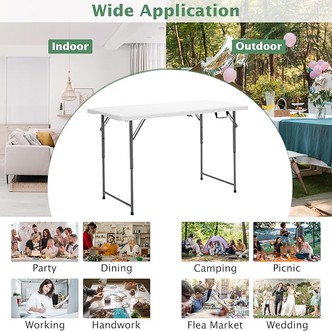 GYMAX Folding Table, 4FT Portable Plastic Picnic Table with 3 Adjustable Height & Handle, Fold-in-Half 330LBS Heavy Duty Foldable Table for Indoor Outdoor Party, Wedding, Camping, Dining-NeatNest