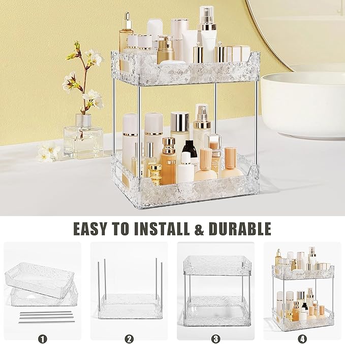 2-Tier Bathroom Counter Organizer Countertop Storage, Dresser Organizer Vanity Tray for Makeup, Perfume Organizer Cosmetics Skincare Shelf - Clear-NeatNest