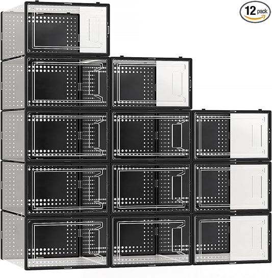 12 Pack Large Shoe Organizer Storage Boxes for Closet, Modular Space Saving Shoe Boxes Clear Plastic Stackable Sneaker Containers Display Case with Lids, Black05-NeatNest