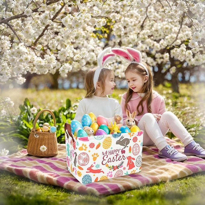 Easter Basket for Kid Large Empty Rectangular Cute Easter Gift Storage Basket Bunny Eggs Décor (Rabbit Bohemia)-NeatNest