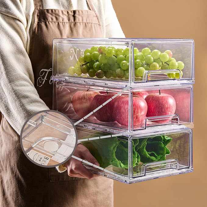 PeJeyiee 6 Pack Clear Stackable Refrigerator Organizers and Storage Drawers - Pull-Out Fridge Bins with Anti-Slip Base & Easy Clean, Plastic Organizers for Kitchen Pantry Cabinet Closet (Large)-NeatNest