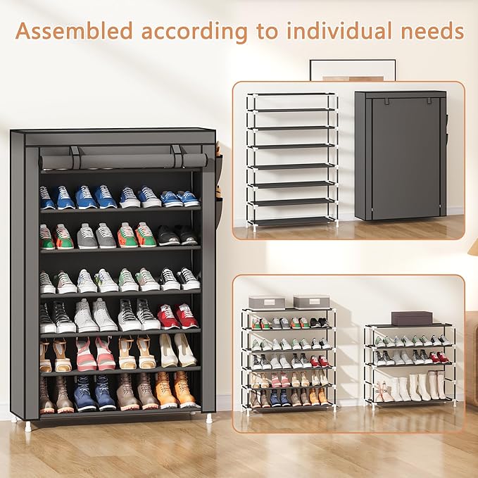 Laiensia 7-Tier Vertical Shoe Rack Organizer, Space Saving Shoe Storage Organizer, Non-Woven Cover Shoe Shelf Holds 28-35Pairs for Bedroom, Hallway, Closet Entryway, Black-NeatNest