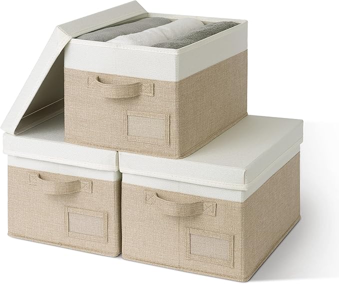 GRANNY SAYS Storage Bins with Lids, Linen Storage Bins for Shelves, Decorative Storage Boxes, Clothes Storage and Organization, Storage Boxes for Organizing, 3-Pack, Khaki&Ivory-NeatNest