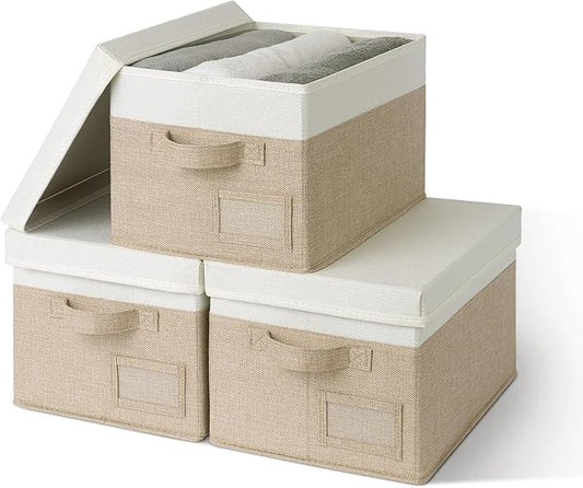GRANNY SAYS Storage Bins with Lids, Linen Storage Bins for Shelves, Decorative Storage Boxes, Clothes Storage and Organization, Storage Boxes for Organizing, 3-Pack, Khaki&Ivory-NeatNest