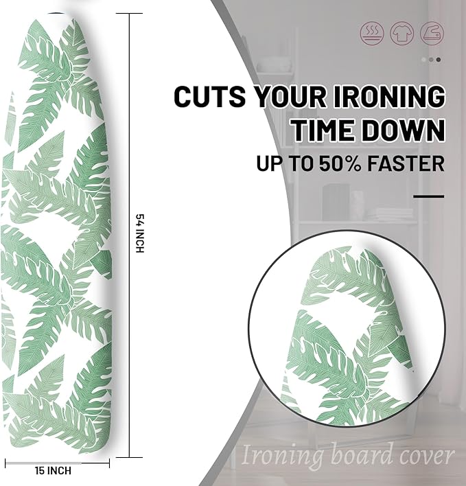 Extra Thick Ironing Board Cover and Pad, Tropical Leaves 15x54 Ironing Board Cover, Resist Scorching and Staining,Elastic Edges,Summer Plants Green