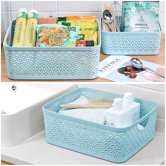 5 Pack Plastic Storage Baskets, Portable Blue Fish Scale Pattern Hollow Desktop Storage Bin Box with Handle for Kitchen, Bathroom, Kids Room or Nursery Storage – 9.4 x 7.1 x 4.1 inches