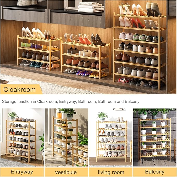 6-Tier Bamboo Shoe Rack for Entryway, Stackable | Heavy Duty | Multi-Function, Free Standing Shoe Racks for Bedroom Hallway Closet-NeatNest