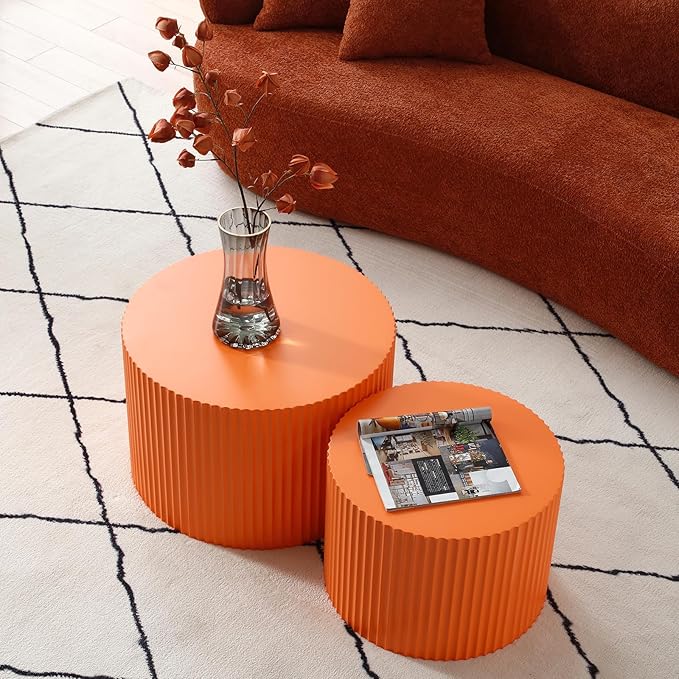 Round Coffee Table Set of 2, Modern Handcraft Nesting Table Wood Side Table Drum Accent End Table Embossed Design Circular Coffee Table Set for Living Room Bedroom, Orange