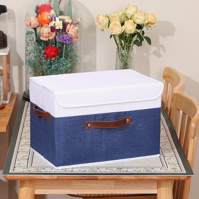 ANMINY Storage Boxes with Lids Washable Decorative Storage Bins Basket with PU Leather Handle Foldable Linen Fabric Storage Cubes Containers for Home Closet Organizer - Deep Blue White, Large Size-NeatNest