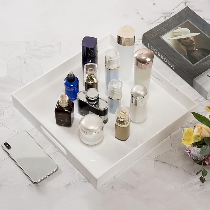 Glossy White Sturdy Acrylic Serving Tray with Handles-14x14Inch-Serving Coffee,Appetizer,Breakfast,Butler-Kitchen Countertop Tray-Makeup Drawer Organizer-Vanity Table-Ottoman Tray-NeatNest