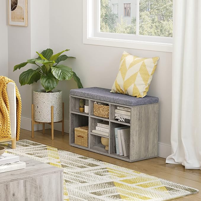 DINZI LVJ Shoe Bench, 9 Cubbies Shoe Organizer for Entryway, Storage Bench with Cushion, Cubby Shoe Rack with Adjustable Shelves for Living Room, Bedroom, Mudroom, Hallway, Greige-NeatNest