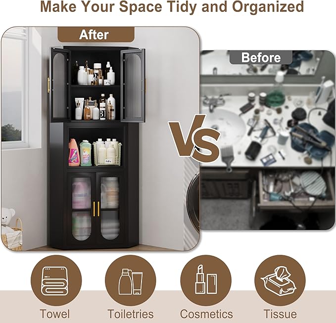 64" Tall Metal Corner Storage Cabinet with Acrylic Glass Doors ＆ Open Display Storage Shelves, Farmhouse Corner Pantry Storage Cupboard for Kitchen, Laundry Room, Bathroom or Bedroom (Black)