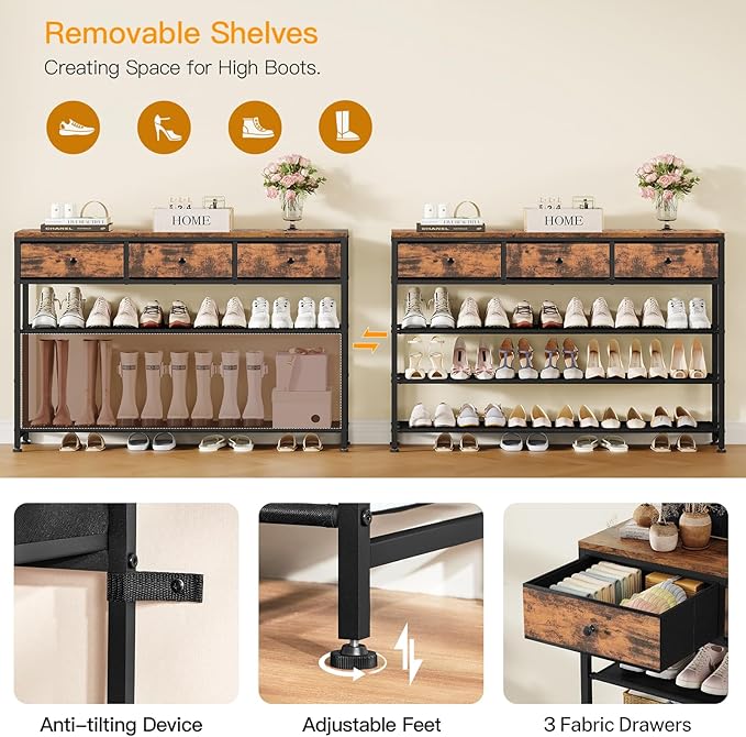 usikey 4 Tier Shoe Rack with 3 Drawers & 3 Fabric Shelves, Holds 15-18 Pairs, Metal Shoe Storage with Wood Top, Shoe Organizer for Entryway, Closet, Apartment, Rustic Brown-NeatNest