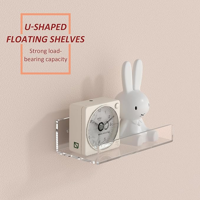 7'' Clear Acrylic Wall Shelf 2 Pack, Acrylic Floating Shelves, Acrylic Small Shelf for Books, Home Décor, Digital Clock, Speaker, Wine Bottle-NeatNest