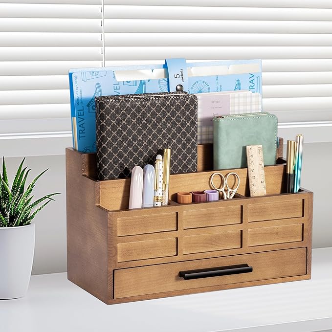 Brown Wood Desk Organizer and Accessories with Drawer, Bill Mail Organizer and File Mail Holder for Office Supplies, Rustic Desk Accessories & Workspace Organizers-NeatNest