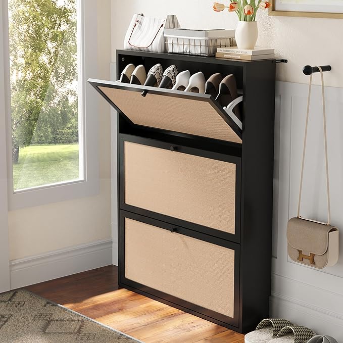 AVZEAR Narrow Shoe Storage Cabinet for Entryway with Natural Linen Panel, Freestanding Slim Shoe Cabinet with 3 Flip Drawers, Wood Shoe Organizer Closed Shoe Rack for Hallway, Living Room(Black)-NeatNest