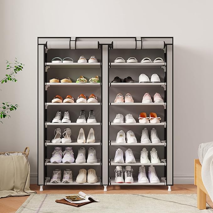 MOYIPIN Shoe Rack Storage Organizer, Double Row Portable Nonwoven Fabric Cover Shoe Rack Holds up to 28 Pairs 36.2 x 11.2 x49.2 Inches Grey-NeatNest