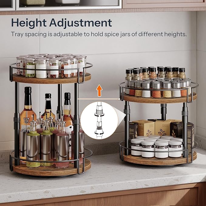 HOOBRO Lazy Susan Organizer Spice Rack, 2-Tier Height Adjustable Rotating Lazy Turntable Spice Organizer, for Kitchen Countertop and Cabinet, Rustic Brown BF05TL01-NeatNest