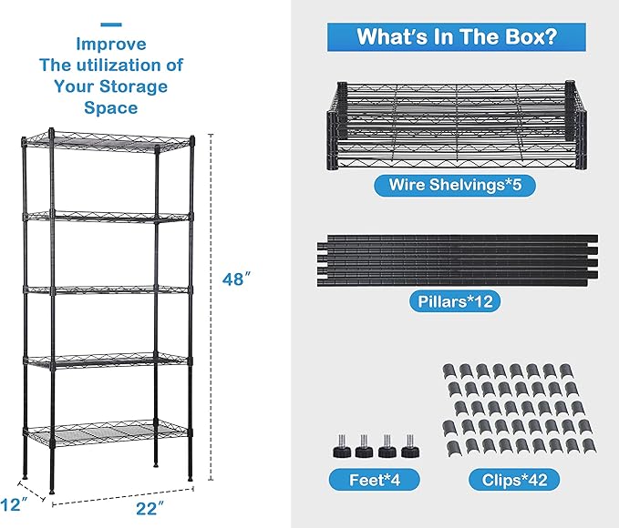 5-Tier Metal Wire Shelving Unit Snack Shelf Height Adjustable Storage Rack NSF Certified Storage Shelves 750 Lbs Capacity Standing Utility Shelf for Laundry Kitchen Pantry Garage Organization