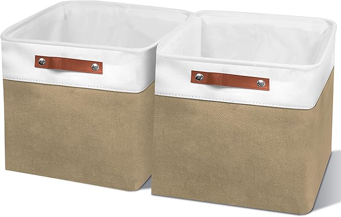 11in Open Fabric Storage Basket with Leather Handles for Organizing, Collapsible Linen Closet Bins for Shelves, Closets, Laundry, Decorative Basket for Gifts. (White＆Khaki, 2PCS/11x11in)-NeatNest