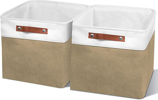 11in Open Fabric Storage Basket with Leather Handles for Organizing, Collapsible Linen Closet Bins for Shelves, Closets, Laundry, Decorative Basket for Gifts. (White＆Khaki, 2PCS/11x11in)-NeatNest