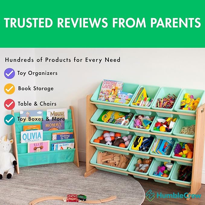 Humble Crew 4-Tier Kids Bookshelf, Natural Wood/Seafoam Green - Premium Book Shelf for Kids Rooms with Four Deep Pockets - Toddler Sling Book Rack with Deep Sleeves, Nursery Bookcase Organizer