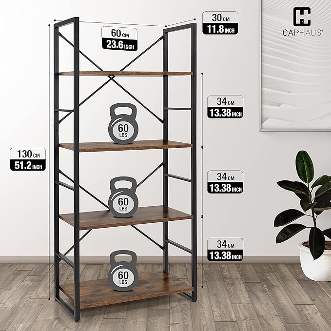 CAPHAUS 4 Tier Bookshelf, 24 Inch Width Free Standing Shelf, Bookcase Shelf Storage Organizer, Industrial Book Shelves for Home Office, Living Room, Kitchen, Rustic Oak Vintage Shelves & Metal Frame-NeatNest