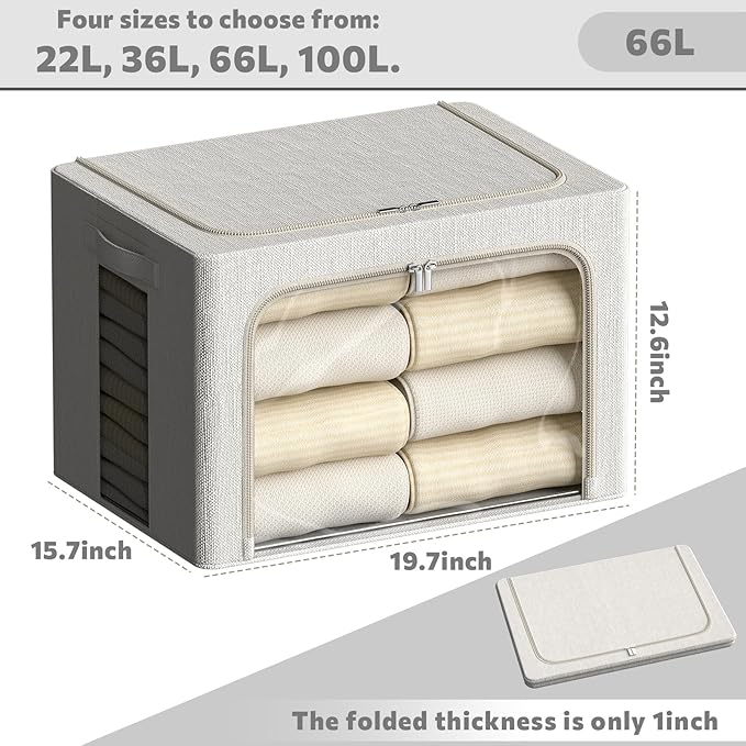 2 Pack Clear Window Storage Bins Large Stackable Linen Fabric Storage for Clothes Foldable Container Organizer Set with Carrying Handles (Lvory White, 19.7x 15.7x 12.6 Inch)-NeatNest