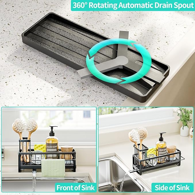 HapiRm Sponge Holder for Kitchen Sink - Self-draining Sink Caddy with Brush and Dishcloth Holders, Stainless Steel Kitchen Organizer for Countertop - Black