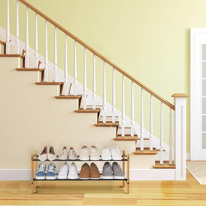 STORAGE MANIAC Expandable Shoe Rack, 8 Pairs Stackable Small Shoe Rack, Metal Adjustable Shoes Organizer for Closet, Entryway, Hallway, Garage, Front Door, Shoes Shelves, Bamboo 2 Tier-NeatNest