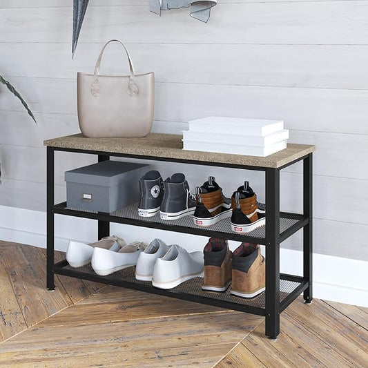HBCY Creations Weathered Wood Solid Pine Wood 3-Tier Entryway Shoe Rack Bench with Metal Mesh Shelves, for Entryway, Mudroom, or Bedroom, and More!-NeatNest