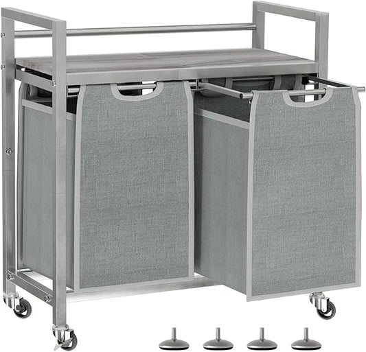 Laundry Hamper, Laundry Basket, Laundry Sorter with 3 Removable Bags, Clothes Basket with 3 Compartments, Wheels, Shelf for Laundry Room Bathroom Bedroom (2 Bags-Gray)-NeatNest