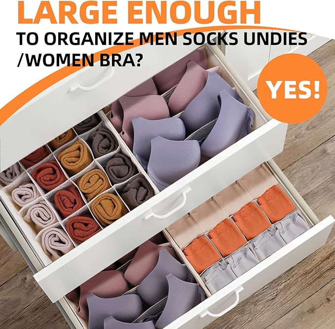 Criusia 6 Pcs Drawer Organizer Clothes - 90 Cells Closet Organizers and Storage for Baby Nursery - Washable Fabric Dresser Organizer Dividers for Sock Underwear Bra Dorm Room Essentials (Beige)-NeatNest
