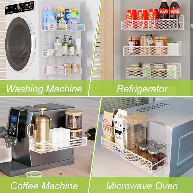 4 Pack Magnetic Shelves for Washing Machine, Heavy-Duty Magnetic Laundry Organizer with Hooks, Washing Machine Shelf for Refrigerator, Metal Storage Baskets, Closet & Laundry Room Organization(White)