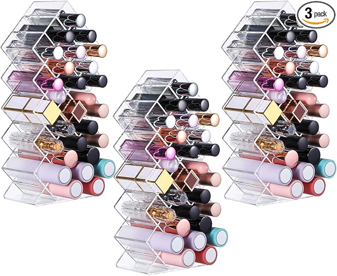 3 Pack Clear Lipstick Organier, Acrylic Lipstick Holder 28 Slots, Lip Gloss Organier, Stackable Fish Shape Lipstick Tower, Lipstick Display Case for Lipstick-NeatNest