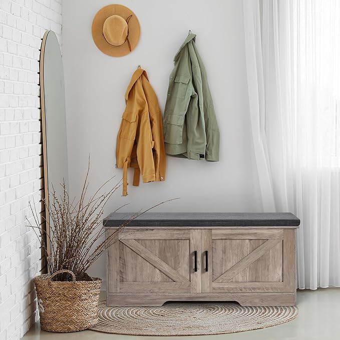 2-Tier Storage Bench, Shoe Bench with Padded Seat Cushion, Entryway Bench with 2 Barn Doors, Adjustable Shelf, 13.8" D x 39.4" W x 17.7" H, for Entryway, Living Room, Bedroom, Greige-NeatNest