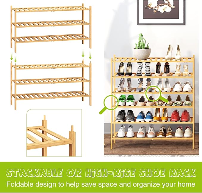 BMOSU 6-Tier Bamboo Extended Shoe Rack Premium Stackable Shoe Shelf Storage Organizer for Hallway Closet Living Room Entryway Organizer (Natural Bamboo)-NeatNest