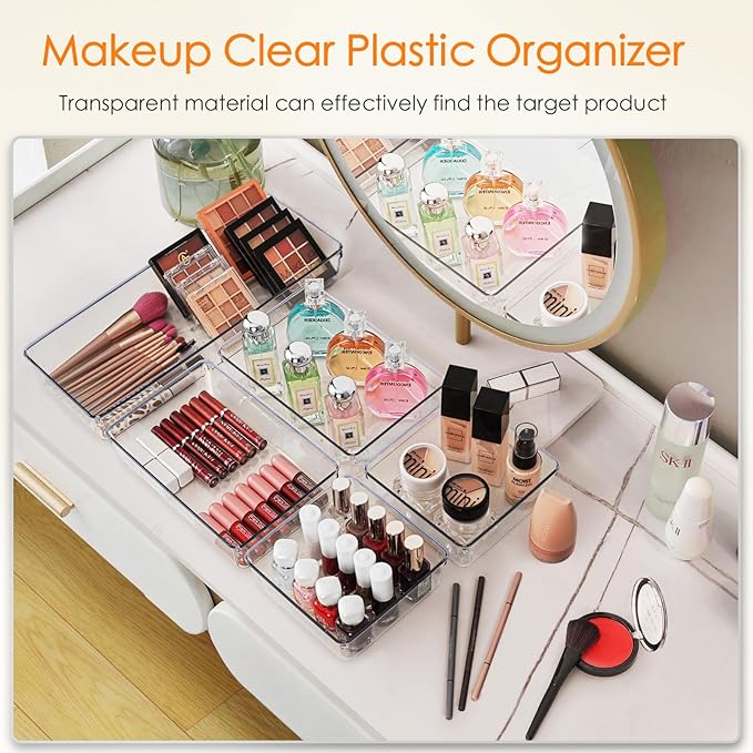 Criusia Drawer Organizer, 10 Pack Large Clear Plast Set, 3 Size Versatile Bathroom and Vanity Organizer Trays, Storage Bins for Makeup, Bedroom, Kitchen Utensils-NeatNest