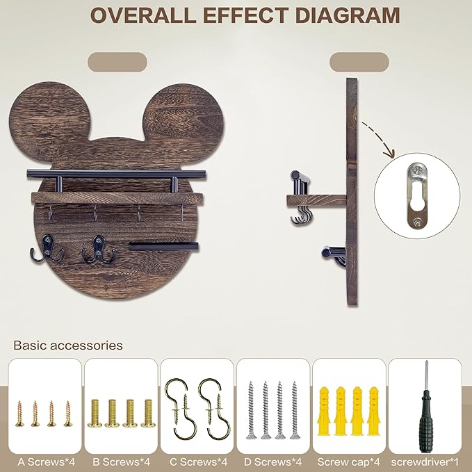 AIRPOP Disn Key Holder for Wall–Mouse Wooden Mail Organizer Wall Mount with Shelf and 6 Hooks, Easy Installation Key Rack Hanger for Entryway Living Room Home Decor (Brown)