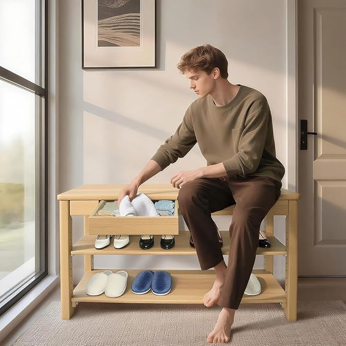 Wood Shoe Bench Entryway with Drawer: 2-Tiers Wooden Storage Shoe Rack with Bench Seat, Compact Mid-Century Modern Design for Entryway, Hallway, Closet, Front Door Entrance, Foyer