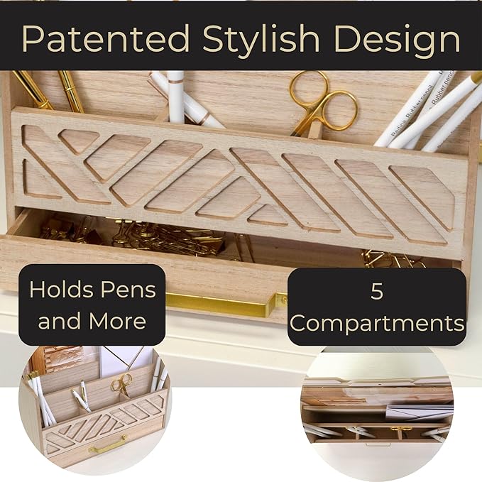 BLU MONACO Natural Mail Organizer with Drawer and Gold Handle – Desktop Mail Holder and Office Supplies Storage – Home Office Desk Accessories – Letter Sorter and Paper Organizer-NeatNest