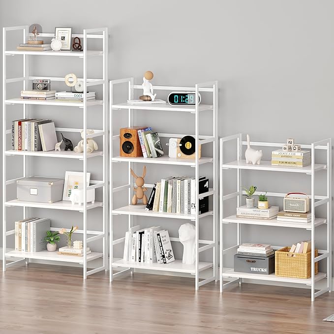 BHG Vintage Multifunctional Folding Bookshelf, No-Assembly Plant Stand Storage Rack Shelves for Home Office (All White, 5-Tier)-NeatNest