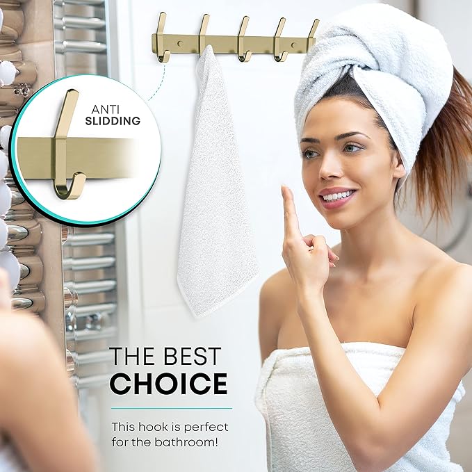 Brushed Gold Wall Mounted Coat Rack – 17 Inch Stainless Steel Rail with 6 Double Coat Hooks for Entryway, Bathroom, Bedroom, Kitchen – Modern Gold Hook Rack for Coats, Hats, Towels - 2 Pack-NeatNest