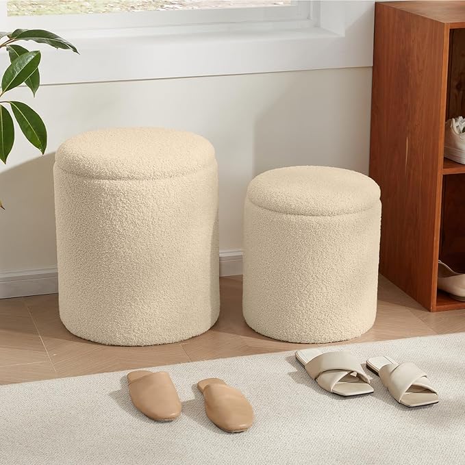 Boucle Round Ottoman with Storage Set of 2,Small Foot Stool Ottoman for Living Room, Small Coffee Table,Vanity Stool with Storage for Bedroom, Beige-NeatNest