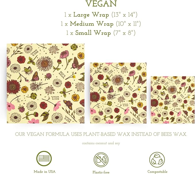 Bee's Wrap Vegan Beeswax Wraps for Food - Vegan Meadow Magic 3 Pack (S, M, L) Made in USA Reusable & Organic Food Wraps, Sandwich Wrap & Bowl Covers - Eco Alternative to Aluminum Foil & Plastic Wrap-NeatNest