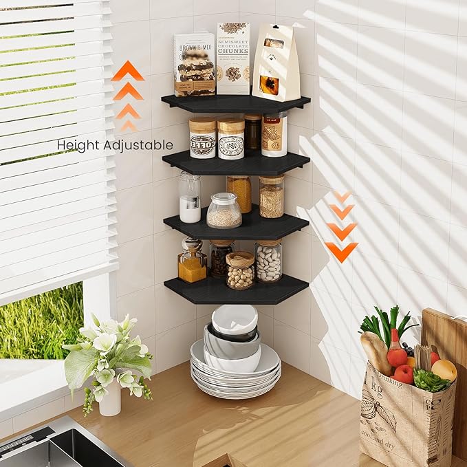 Homode Corner Floating Shelves, Corner Shelves Wall Mounted with Cord Hole, 4 Tier Diamond Shape Corner Hanging Shelving for Wall Storage, for Cable Box, TV Cords, Books, Plants, Black-NeatNest