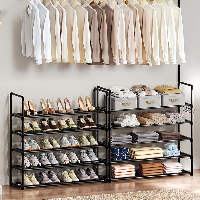 Shoe Rack, 10 Tier Shoe Storage Organizer with Hooks,Fit 40-45 Pairs Shoes,Metal Tall Shoe Shelf for Closet,Entryway, Hallway,Garage,Bedroom,Cloakroom-NeatNest